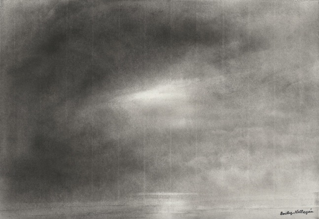 Charcoal landscape drawing of a hazy, cloud-filled sky with dim sunlight or moonlight peeking through and reflecting off the water