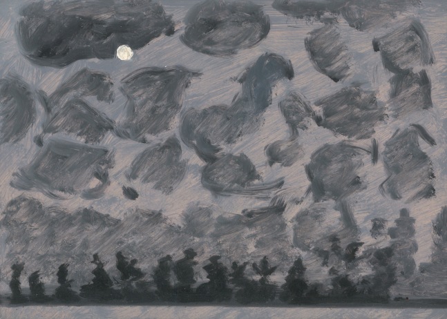 Painting of a full moon in a cloudy sky over a dark line of trees