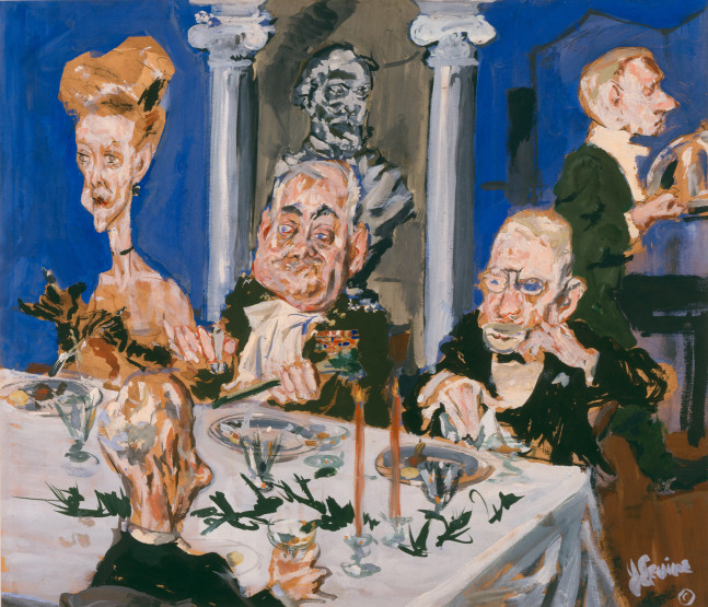 Painting of a group of people in formal attire sitting around a dining table, with a server carrying a tray in the background