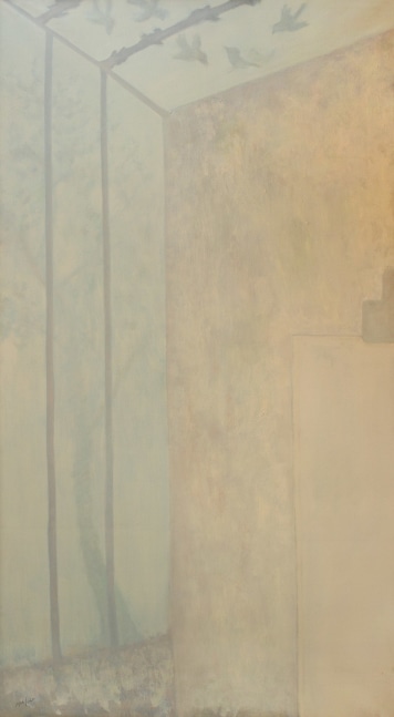 Atmospheric painting of an interior with a tall window and skylight, with a flock of birds circling in the sky outside