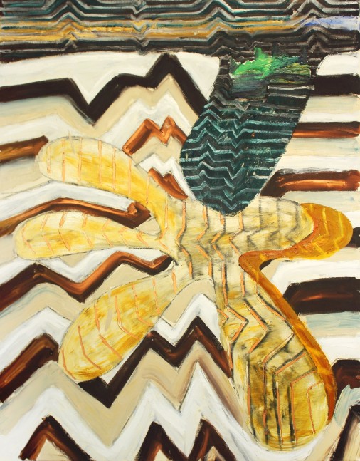 Abstract painting consisting of lines and forms in yellow, orange, brown, black, and green