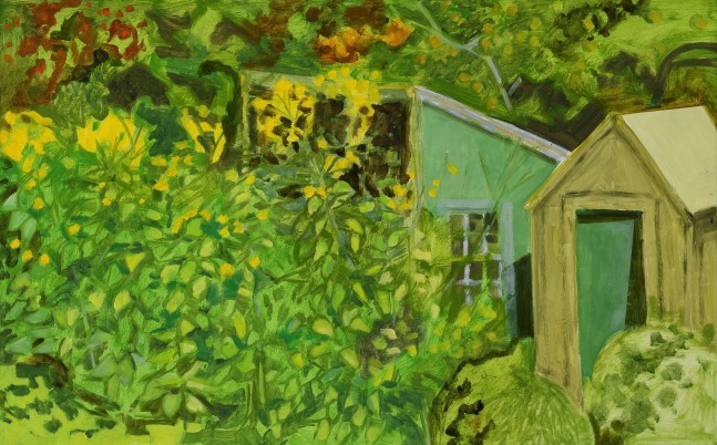 Painting of two small buildings in a lush, green setting