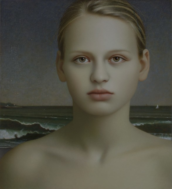 Realistic portrait of a young woman from the shoulders up with a seascape and crashing waves in the background