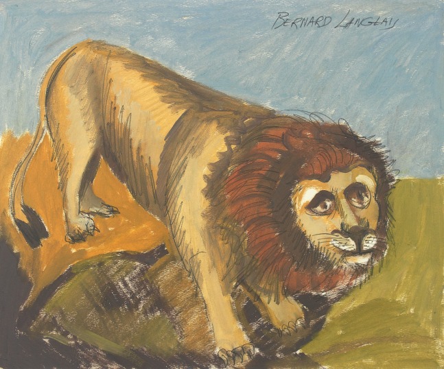 Painting on paper of a lion standing in a field with a blue sky in the background