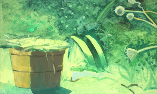 Painting of a basket in a green landscape