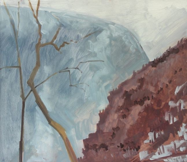 Painting of a winter landscape with dead trees