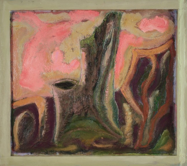 Abstract painting with a brown, tree-like form in the center surrounded by organic forms in green, orange, and maroon, with a pink sky and ivory clouds in the background