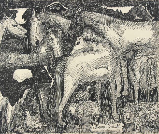 Horses, Cows, Sheep, Hens,&amp;nbsp;c. 1970s, pen and ink on paper, 13 3/8 x 16 3/8 inches