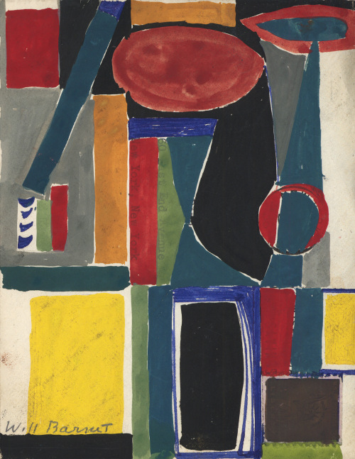 Abstract painting on paper consisting of geometric forms in grey, red, yellow, blue, black and green over an ivory ground