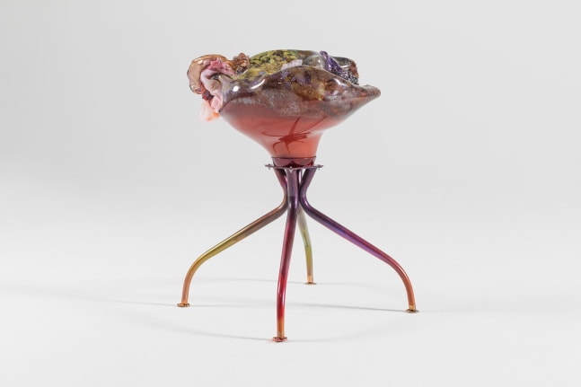 MARIA KOSHENKOVA 
Birth of Cold, 2022
Blown and sculpted glass, silver amalgam, cast glass, metal with Prismatic coating, vintage chair base
26" H x 18.5" W x 16" D