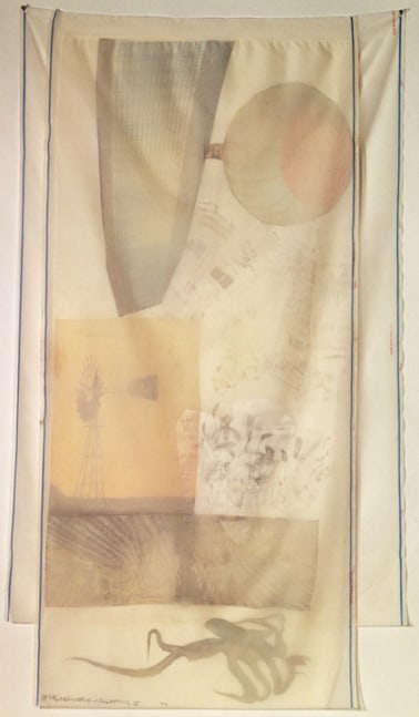 Robert Rauschenberg (1925-2008)

Scent (from Hoarfrost Editions), 1974

offset lithograph and transfers in color on silk taffeta with collage

86&amp;quot; x 50&amp;quot;

ed. 30