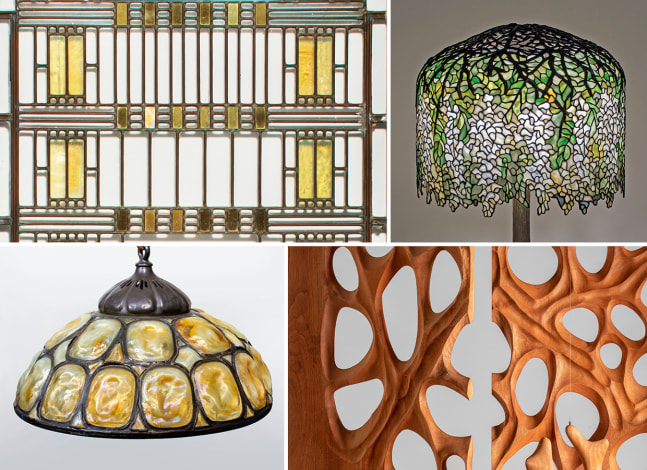 a selection of early 20th century american design, including a tiffany Wisteria lamp and a leaded glass Wisteria window by frank lloyd wright