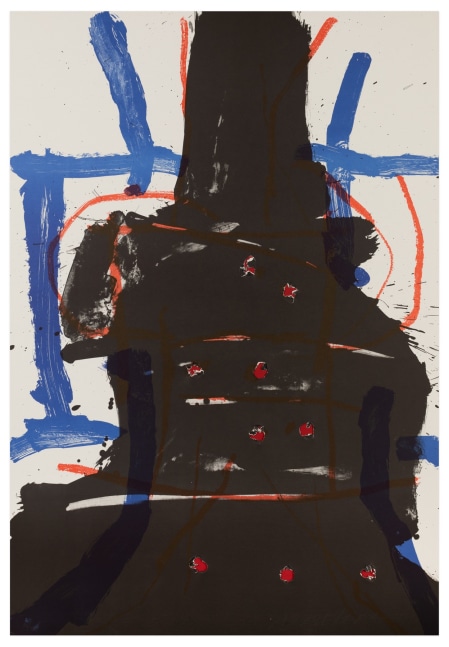 A color lithograph by Peter Voulkos, titled &quot;Abstract II: Ironhead&quot; from 1979, depicting an abstracted stacked from.