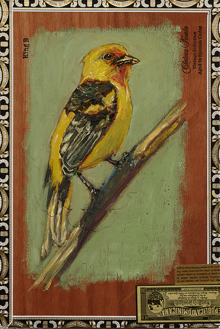 Ed Musante Western Tanager/Arturo Fuente, 2021 oil on cigar box lid 12 7/16 x 8 7/16 x 1 in.