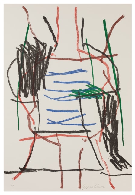 A color lithograph by Peter Voulkos, titled &quot;Abstract VII: Give Us a Break&quot; from 1979, depicting an abstracted stacked from.