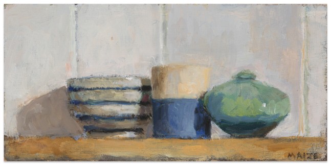 Catherine Maize &quot;Striped Bowl, Cup, and Celadon Pot,&quot; 2025 oil on panel 4 x 8 in.