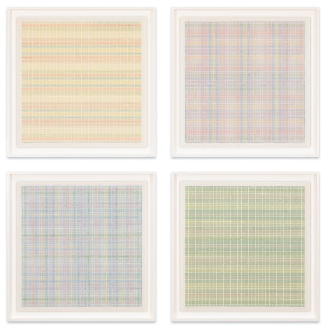 Mary Ijichi Tetraptych, 2024 colored pencil, mylar, plastic, beads, acrylic, artist's tape, and museum board 58 x 57 in. (frame)
