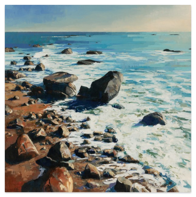 Image of Jeff Bellerose's painting Rocky Coast, created in 2023.  If is made from oil on canvas and measures 30 x 30 inches