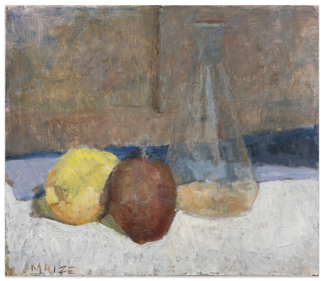 Catherine Maize &quot;Lemon, Apple, and Carafe,&quot; 2025 oil on panel 6 x 7 in.