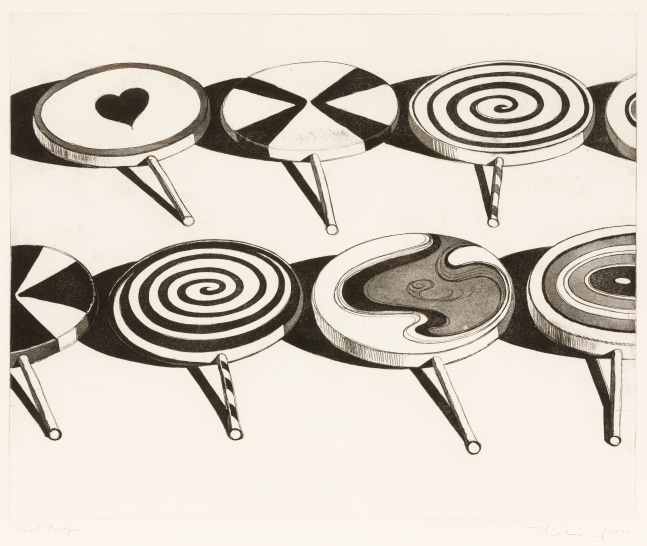 Wayne Thiebaud Black &amp; White Suckers, 1971 aquatint and soft ground etching, T.P. 17 1/2 x 21 3/4 in. (image); 22 x 26 1/2 in. (sheet)