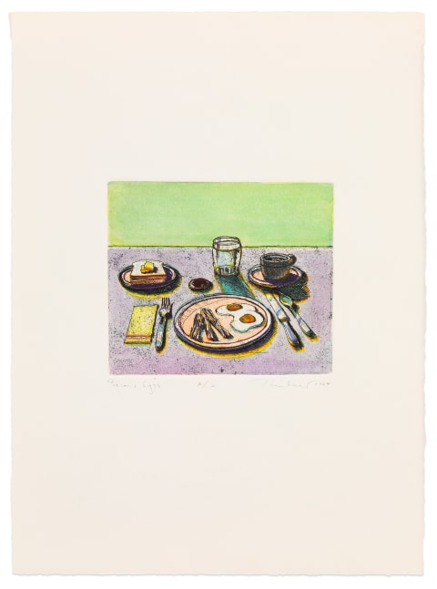 Wayne Thiebaud Bacon &amp; Eggs, 1964 watercolor over etching, A.P. 5 x 6 in. (image)