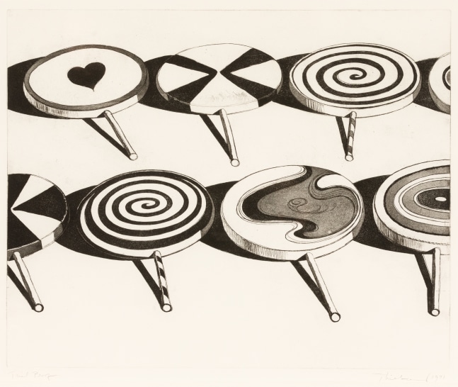 Wayne Thiebaud
Black &amp;amp; White Suckers, 1971
aquatint and soft ground etching, T.P.
17 1/2 x 21 3/4 in. (image); 22 x 26 1/2 in. (sheet)
