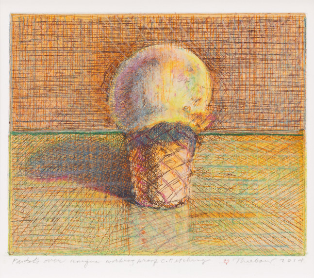 Wayne Thiebaud Cone, 2014 pastel &amp; ink over hard ground etching, unique C.T.P. 6 1/2 x 8 in. [image]; 13 x 13 in. [sheet]