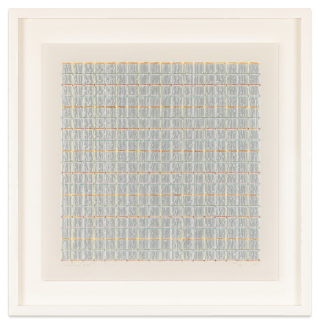 Mary Ijichi Assemblage #15, 2022 colored pencil, mylar, plastic, beads, acrylic, artist's tape, museum board 12 x 12 in. (image); 15 1/2 x 15 3/8 in. (frame)