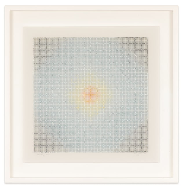Mary Ijichi Assemblage #23, 2023 colored pencil, mylar, plastic, beads, acrylic, artist's tape, museum board 15 1/2 x 15 3/8 in. (frame)