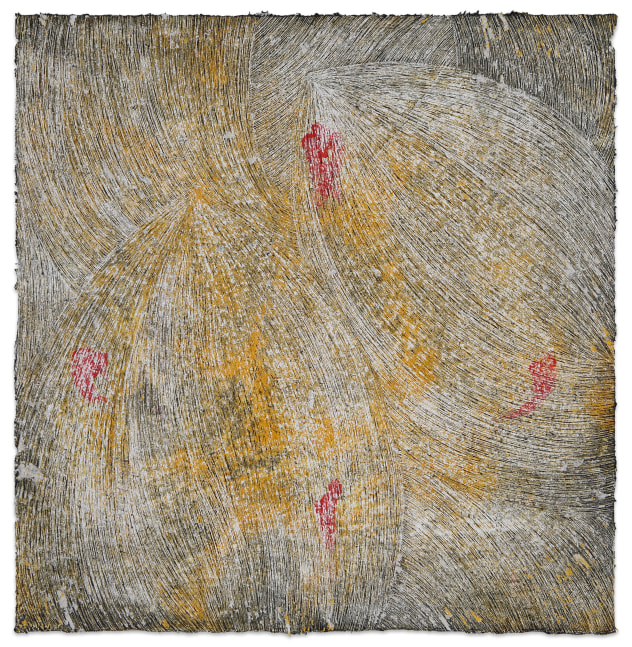 Marc Katano Drishti 23, 2025 acrylic and paintstik on Nepalese paper 30 x 30 1/2 in.