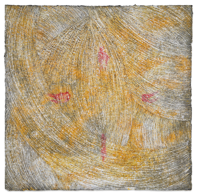 Marc Katano Drishti 25, 2025 acrylic and paintstik on Nepalese paper 30 x 30 1/2 in.