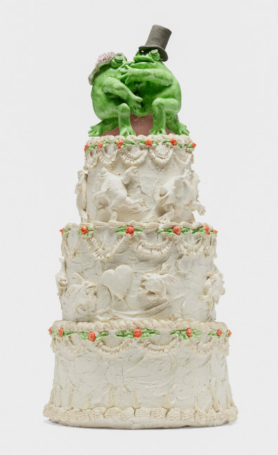 David Gilhooly Erotic Frog Wedding Cake #6, 1979 glazed and painted earthenware 28 1/2 x 14 1/2 in.