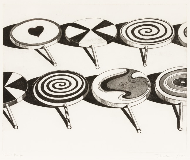 Wayne Thiebaud
Black &amp;amp; White Suckers, 1971
aquatint and soft ground etching, T.P.
17 1/2 x 21 3/4 in. (image); 22 x 26 1/2 in. (sheet)
