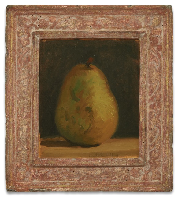 Robert M. Kulicke Pear on a Brown Surface Against a Black Background, 1964 oil on silk mounted on paper 7 3/16 x 6 1/4 in.