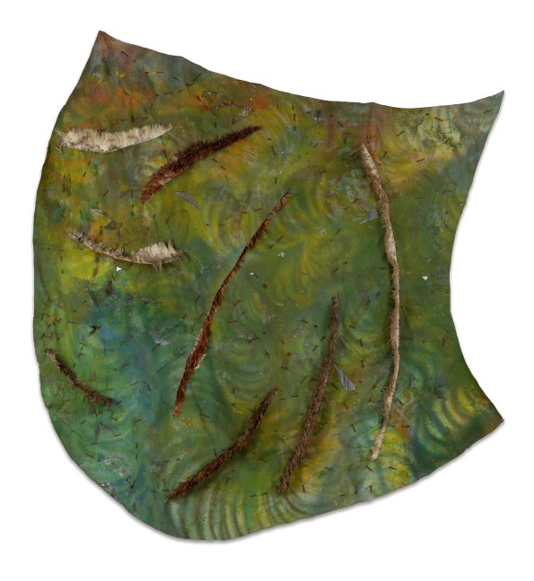 Carlos Villa Waikiki (Little Wave), 1972 acrylic on rough canvas with strips of feathers, nails, mirror, and blood approx. 94 x 94 x 3 in.