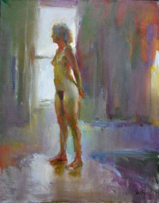Fred Dalkey Emily Standing at Window, Side View, 1992 oil on linen 28 x 22 in.