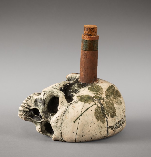 Robert Hudson Skull Bottle, 1997 glazed porcelain and cork 7 3/4 x 8 x 5 1/4 in.