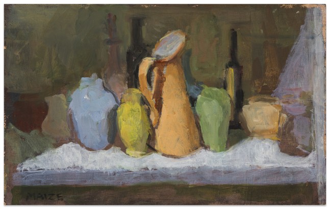 Catherine Maize &quot;Yellow Carafe with Vases,&quot; 2025 oil on panel 5 x 8 in.