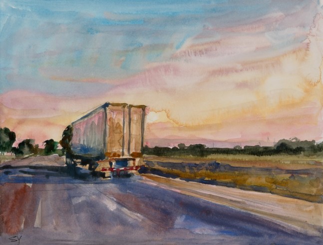 Suong Yangchareon Southbound to Bakersfield, 2021 watercolor on paper 9 x 12 in.