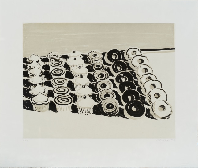 Wayne Thiebaud Dark Cupcakes and Donuts, 2006 direct gravure on gampi paper chine collé, A.P. 4 18 x 24 in. [image]; 26 x 31 in. [sheet]