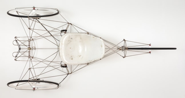 Shawn HibmaCronan Ground Looper,&quot; 2022 stainless steel, bicycle tires, fiberglass Eames chair, 3D printed bird skull ​​​​​​​90 x 26 1/2 x 49 in.