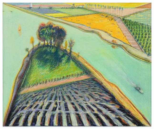 Wayne Thiebaud River Delta with Boat, 2001-2002 pastel on canvas 19 3/4 x 23 1/2 in.