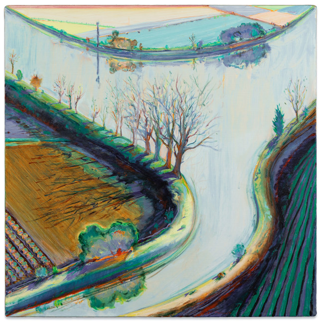 Wayne Thiebaud,  River Bend with Trees, 1997,  oil on canvas  30 1/4 x 30 inches.