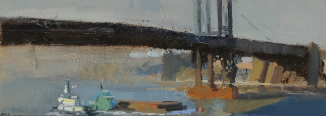 Laura Adler Under the Bridge, Two Tugs, 2013 oil on linen 5 x 14 in.