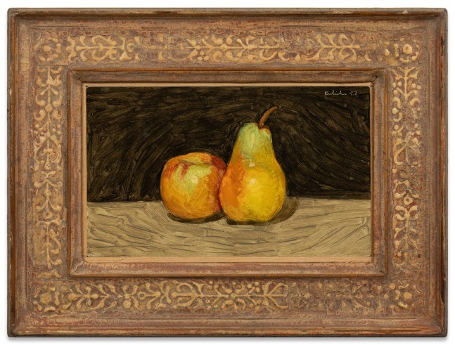 Robert M. Kulicke Pear and Apple Against a Black Background, 1957 oil on cardboard ​​​​​​​5 13/16 x 10 in.