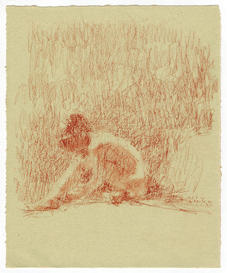 Fred Dalkey Model with Head on Knee, 2011 sanguine Conté crayon on paper 9 x 7 3/8 in.
