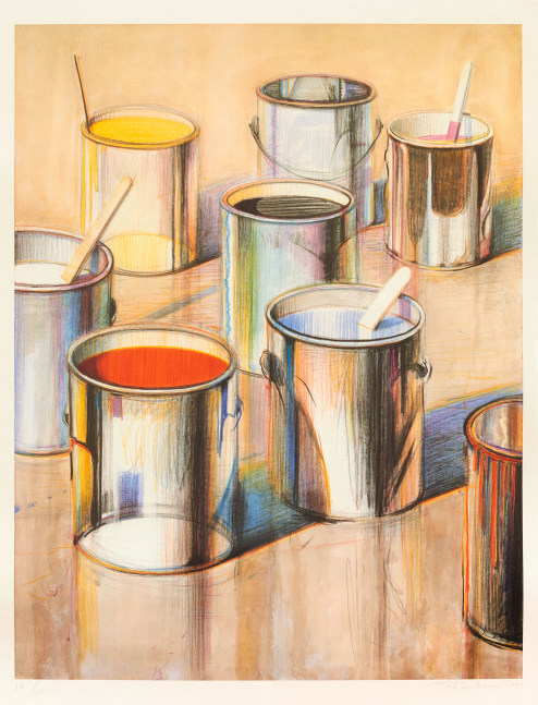 Wayne Thiebaud Paint Cans, 1990 lithograph, A.P. 4 (ed.100) 29 3/4 x 23 1/8 in. [image]; 38 3/4 x 29 1/8 in. [sheet]