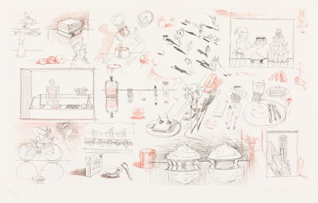 Wayne Thiebaud
Sketches, 1995
hard ground etching printed in red and black, ed. 25/50
13 x 21 3/4 in. [image]; 21 3/4 x 30 in. [sheet]