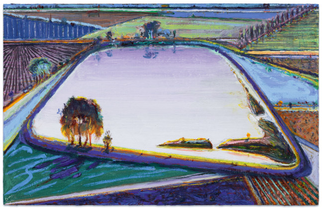 Wayne Thiebaud Irrigation Pond, 1995/2015 acrylic on Masonite 15 1/4 x 23 7/8 in.