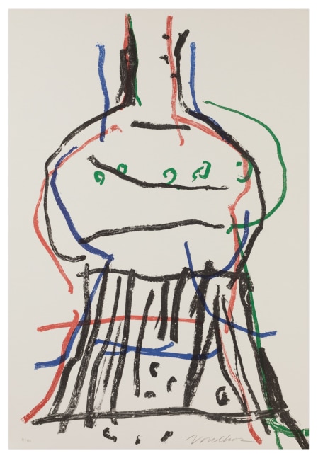 A color lithograph by Peter Voulkos, titled &quot;Abstract VI: Checks in the Mail&quot; from 1979, depicting an abstracted stacked from.